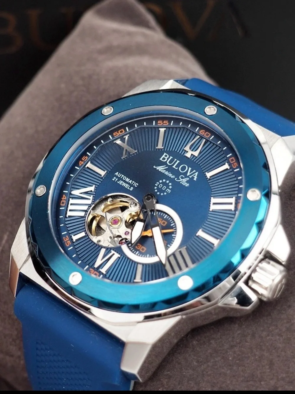 Bulova Blue Open-Heart Automatic Men's Watch with Blue Strap and Orange Accent